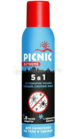 Репеллент Picnic Extreme аэрозоль 5в1 от комаров, мошки, клещей, слепней, блох 150мл